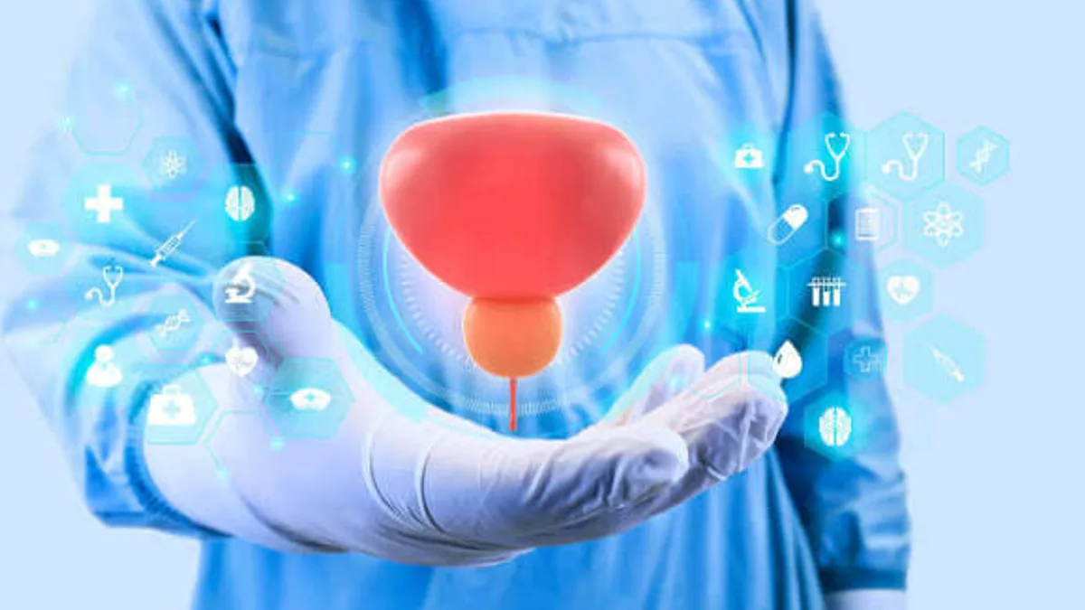 A gloved hand holding a glowing illustration of a bladder surrounded by medical icons