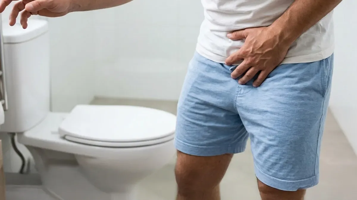 A man in shorts standing at a toilet, one hand pressed to his lower abdomen